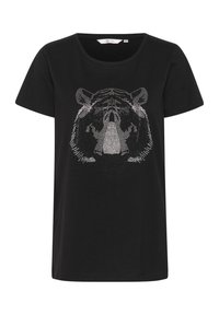 T-shirt noir en coton avec un graphisme d'ours en des strass argentés sur le devant, encolure ronde et manches courtes. Texture douce.