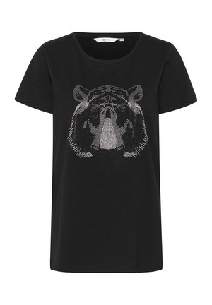 Svart bomull T-shirt med en silver strassbjörn på framsidan, rund halsringning och korta ärmar. Mjuk textur.