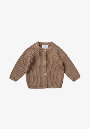 Gebreide cardigan in lichtbruin met een geribbelde textuur, ronde hals, lange mouwen en vijf knoopsluitingen aan de voorkant.