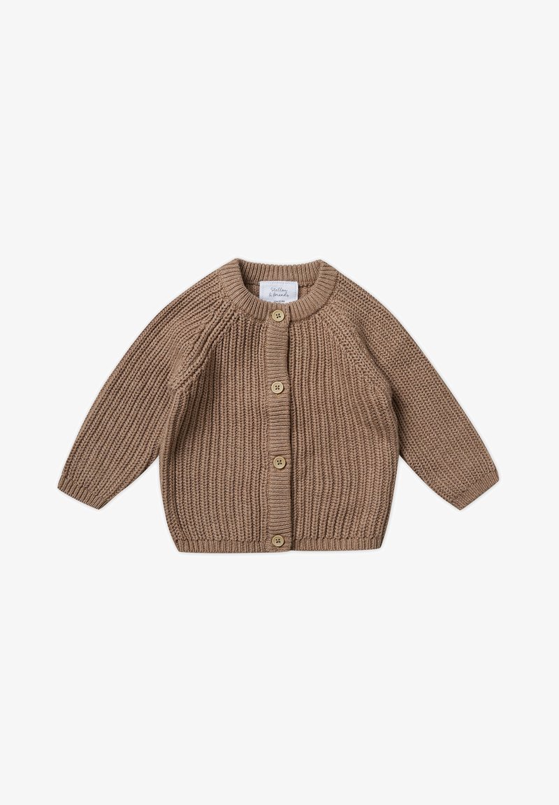 Strickjacke in Hellbraun mit gerippter Textur, Rundhalsausschnitt, langen Ärmeln und fünf Knopfverschlüssen auf der Vorderseite.