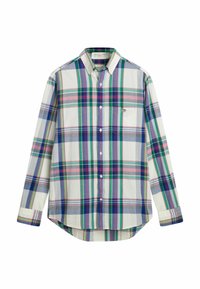 Camisa de botón con un patrón de cuadros multicolores en verde, azul, rosa y blanco. Fabricada en algodón, con mangas largas y un dobladillo curvado.
