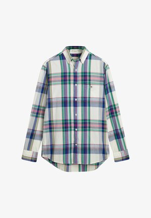 Camicia con bottoni caratterizzata da un pattern a quadri multicolore in verde, blu, rosa e bianco. Tessuto in cotone con maniche lunghe e orlo curvato.