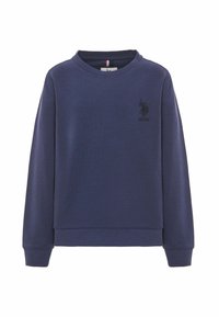 Felpa blu navy realizzata in tessuto morbido, con collo a giro, maniche lunghe e un piccolo logo nero sul petto.