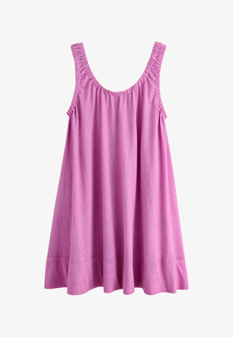 Robe sans manches en éponge rose avec des bretelles froncées et une silhouette ample et évasée.