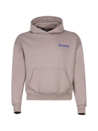Hoodie aus leichtem Taupe-Stoff mit einer Fronttasche, gerippten Säumen und einem blauen "Dropsize"-Logo auf der Brust.