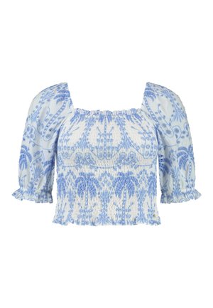 Gaiši zila un balta izšūta blūze ar kvadrātveida dekoltē, īsām pūkainām piedurknēm un savilktu tekstūru, kurā ir ziedu raksti.