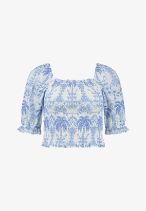 Gaiši zila un balta izšūta blūze ar kvadrātveida dekoltē, īsām pūkainām piedurknēm un savilktu tekstūru, kurā ir ziedu raksti.