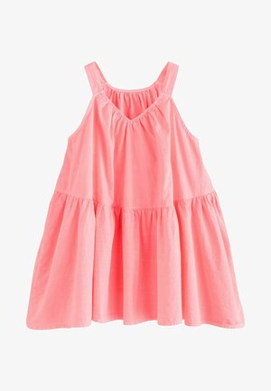 Rózsaszín, ujjatlan ruha, gyűrött felsőrésszel, V-alakú nyakkivágással és rugalmas pántokkal. Légies design, réteges szoknyával és texturált anyaggal.