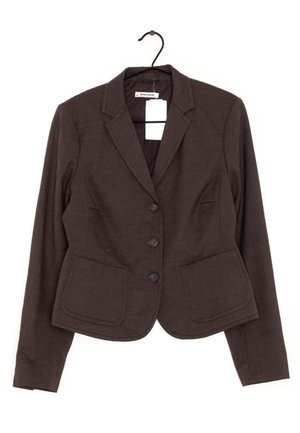 Dark brown tailored women's blazer with three buttons and two front pockets, hanging on a black hanger against a white background.