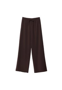 Braune weite Hosen aus weichem Stoff, mit einem elastischen Bund und Kordelzug. Glatte Textur und keine sichtbaren Muster.