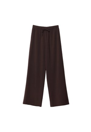 Hnědé kalhoty s širokými nohavicemi vyrobené z měkké látky, s elastickým pasem a tkaničkou. Hladká textura a bez viditelných vzorů.