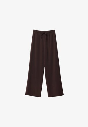 Brune brede bukser lavet af blødt stof, med elastisk talje og snoretræk. Glat tekstur og ingen synlige mønstre.