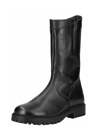 Botte noire en cuir à hauteur de genou avec une texture lisse, un bout arrondi et une semelle en caoutchouc striée. Présente un design de couture subtil sur la tige.