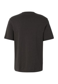 T-shirt noir uni à manches courtes et col rond, vu de dos, confectionné en tissu de coton doux avec un ourlet droit.