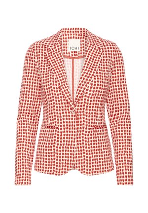 Rood-wit gebloemd damesblazer met ingesneden revers, enkele knoopsluiting en twee voorzakken met bies.