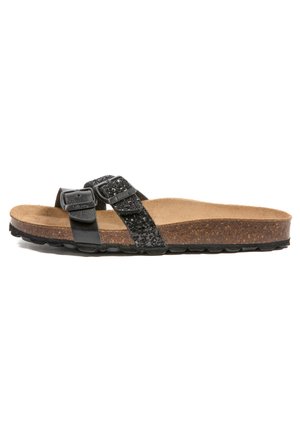 Sandales noires à glissière avec deux brides réglables, accents pailletés, semelle en liège et semelle extérieure en caoutchouc texturé. Design plat et ouvert à l'avant.