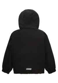 Schwarze Kapuzenjacke mit elastischen Bündchen, glatter Textur und einem reflektierenden Streifen an dem Saum. Rückansicht, keine Taschen sichtbar.