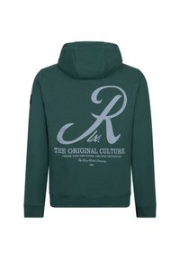 Dunkelgrüner Kapuzenpullover mit einem großen grauen Grafiktext auf der Rückseite, der Kultur beschreibt und die Zukunft gestaltet. Weicher Stoff.