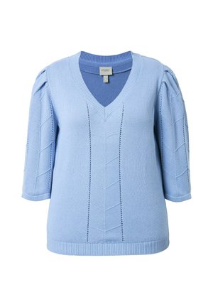 Vaaleansininen neulottu V-kaula-aukollinen neulepaita, jossa on kyynärpään mittaiset liehukevyiset hihat ja koristeelliset pystysuorat kuviot edessä ja hihoissa.