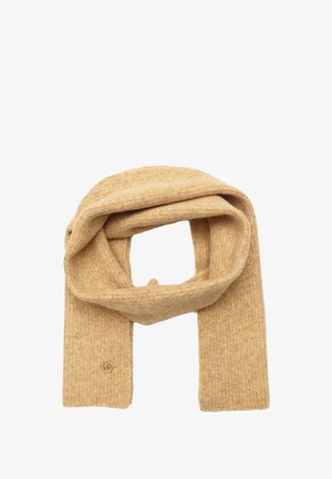 Écharpe en tricot d'une couleur beige chaud avec une texture côtelée. Comprend un petit accent logo doré à une extrémité.