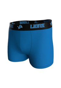 Niebieskie bokserki wykonane z elastycznego materiału. Posiadają czarny pas z napisem "LIONS" w niebieskim kolorze oraz logo lwa na środku.