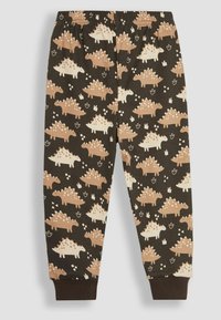 Pantalons de pyjama marron avec un motif de dinosaures répété en beige et crème, dotés d'une taille élastique et de poignets aux chevilles. Matériel en coton doux.