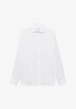 Chemise blanche à manches longues, fabriquée dans un tissu léger. Elle présente un col classique, une fermeture à boutons et des poignets aux bords arrondis.