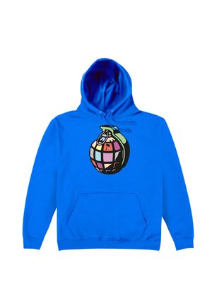 Helles blaues Kapuzenpullover mit Fronttasche und Kordelzügen, mit einem bunten Granatengrafik aus mehrfarbigen Quadraten und einem kleinen Palmen-Symbol.
