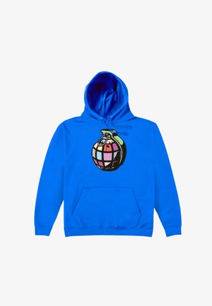 Lys blå hættetrøje med forlommer og snore, prydet med en farverig granatgrafik lavet af mangefarvede firkanter og et lille palmetræikon.