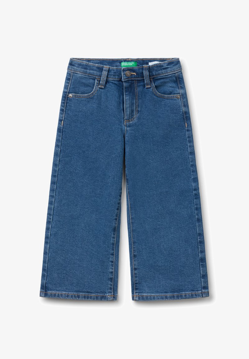 Denim wide-leg pants in dark blue, featuring a button closure, belt loops, and five pockets with contrasting stitching along the edges.