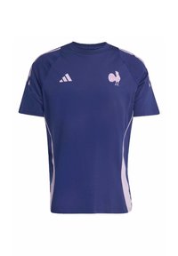 Marineblå atletisk skjorte med hvide detaljer og korte ærmer. Har et pink høneemblem og Adidas-logo på venstre bryst. Lavet af åndbart materiale.