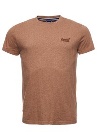 Brun kortärmad t-shirt med rund halsringning och liten broderad logotyp på vänster bröst.