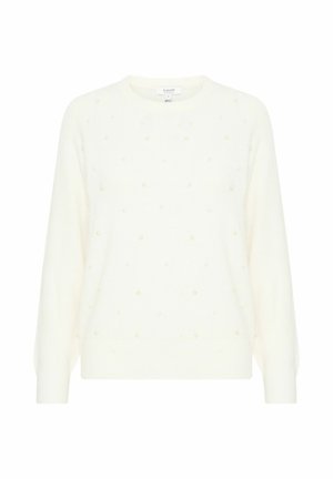 Valkoinen neulepusero, jossa on pyöreä kaula-aukko, ja siinä on tekstuuritarkkuus, jossa pieniä beigeä laikkuja on tasaisesti jakautunut kankaan pinnalle.