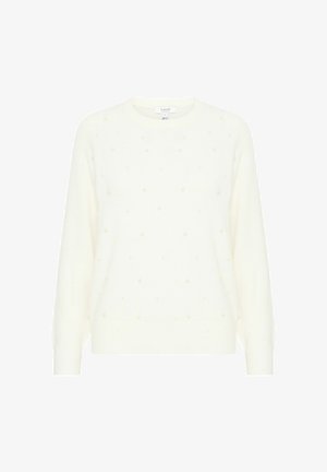 Valkoinen neulepusero, jossa on pyöreä kaula-aukko, ja siinä on tekstuuritarkkuus, jossa pieniä beigeä laikkuja on tasaisesti jakautunut kankaan pinnalle.