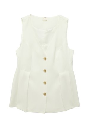 Ärmellose weiße Blazerweste mit einem V-Ausschnitt und vier dekorativen goldenen Knöpfen auf der Vorderseite.
