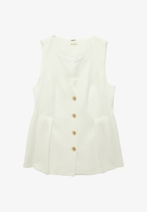 Chaleco blazer blanco sin mangas con escote en V y cuatro botones decorativos dorados en la parte delantera.