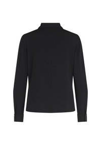Black long-sleeve shirt featuring a collar, buttoned cuffs, and a smooth fabric texture. Back view shows a simple, unadorned design.