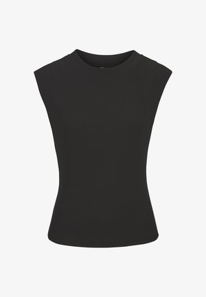 Zwarte mouwloze top gemaakt van ribgebreide stof. Heeft een ronde halslijn en een aansluitende pasvorm met een gladde textuur.