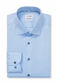 Helles blaues Hemd mit strukturiertem Muster, körperbetontem Design,_button-down Kragen und dunkelblauen Knöpfen. Verfügt über Doppelmanschetten.