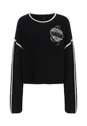 Schwarzer Strickpullover mit einem cropped Design, weißen Akzenten entlang der Ärmel und einer bestickten floralen Grafik mit dem Text "PINT."