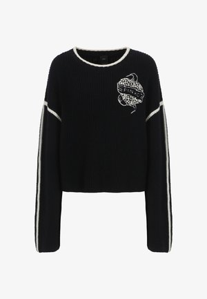 Maglione nero a maglia con design cropped, dettagli bianchi lungo le maniche e una grafica floreale ricamata con il testo "PINT."