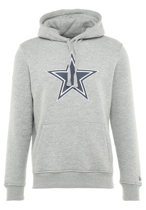 Grauer Kapuzenpullover mit einer vorderen Kängurutasche, einem verstellbaren Kapuzenband und einem marineblauen Sternenmotiv auf der Brust. Hergestellt aus einem weichen, strukturierten Stoff.