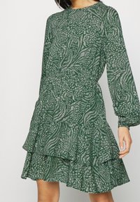 Vihreä mekko pitkillä hihoilla, pussitetulla vyötäröllä, kerroksilla varustetuilla röyhelöillä ja kukkakuviolla hieman vaaleammassa vihreässä sävyssä. Valmistettu pehmeästä kankaasta.