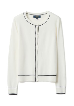 Witte cardigan met lange mouwen, ronde halslijn, zwarte bies langs de randen, knopen aan de voorkant, en zwarte lijnen op de manchetten en zoom.