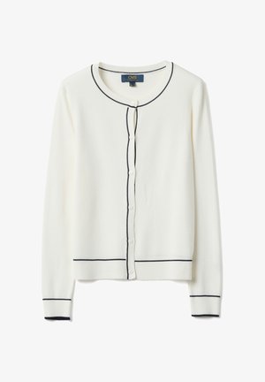 Weißer langärmeliger Cardigan mit rundem Ausschnitt, schwarzem Besatz an den Kanten, Knöpfen vorne und schwarzen Linien an Bündchen und Saum.