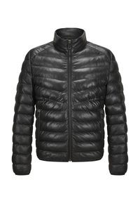 Schwarze gepolsterte Jacke aus Leder. Verfügt über einen hohen Kragen, einen Frontreißverschluss und zwei seitliche Reißverschlusstaschen. Mit horizontalen Nähten strukturiert.