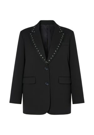 Sort skræddersyet blazer med to forreste knapper, klaplommer og en hakket revers dekoreret med små sølvnitter.