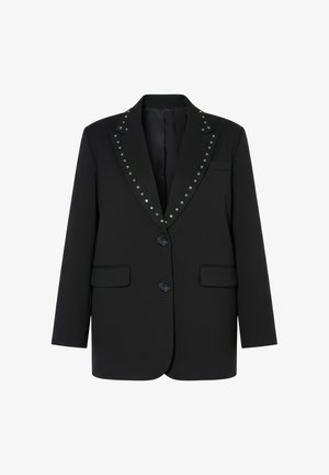 Schwarzer maßgeschneiderter Blazer mit zwei vorderen Knöpfen, Pattentaschen und einem eingekerbten Revers, verziert mit kleinen silbernen Nieten.