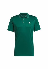Polo vert foncé à manches courtes avec trois boutons et logo Adidas blanc sur la poitrine gauche.