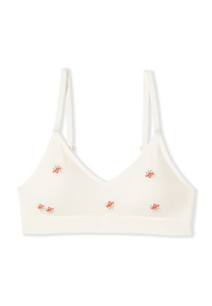 Crèmekleurige zachte beha met verstelbare dunne bandjes en kleine oranje bloemrijke borduursels verspreid over de cups.